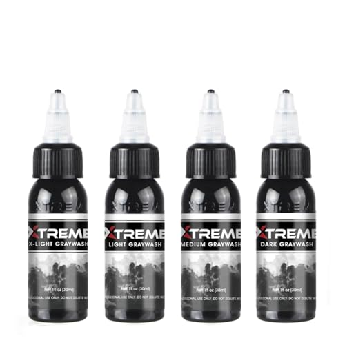 Xtreme Ink Greywash Set, Unleash Artistry with Subtle Shades, Extra Light, Light, Medium, and Dark Graywash, Ethical, Sterilized, and Ready-to-Use Tattoo Pigment Dispersion (Set of 4, 1 oz)