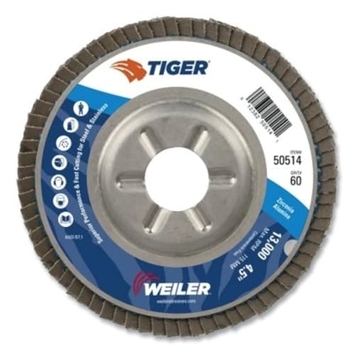 Image of Weiler 50514 Tiger Abrasive Flap Disc, Type 29, Round Hole, Aluminum Backing, Zirconia Alumina, 4-1 /2 inch Dia., 60 Grit