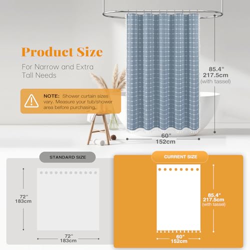 Image of BTTN Stall Shower Curtain - 60x84 Long Boho Farmhouse Linen Weighted Fabric Cloth Shower Curtain Set with 10 Plastic Hooks, Narrow Bohemian Country Decorative Thick Shower Curtains for Bathroom - Blue