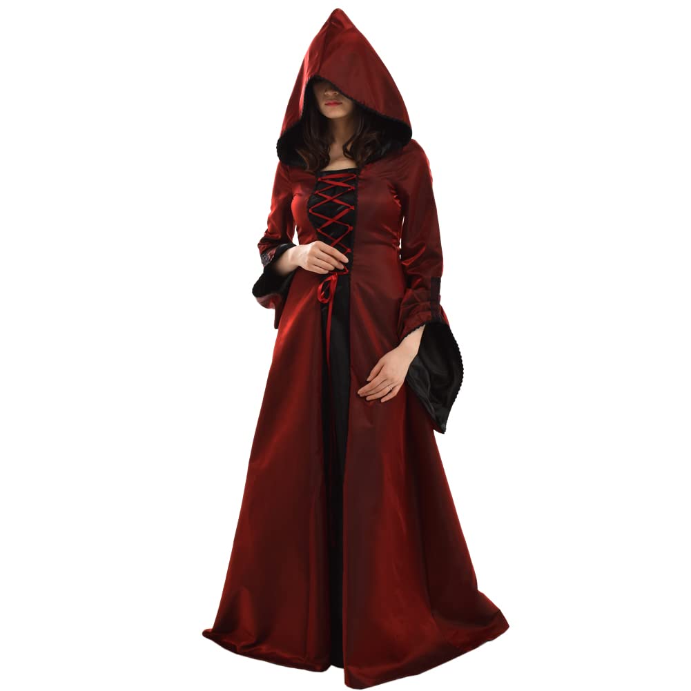 BLESSUME Medievale Abito Lungo Donna con Cappuccio Partito Rinascimento Costume Cosplay (Borgogna, S)