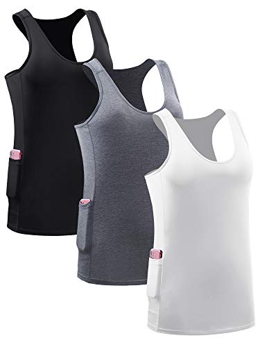 Neleus Women's Running Tank Tops 3 Pack Racerback Workout Yoga Shirts With Pockets,8069,Black/Grey/White,L #TOP13