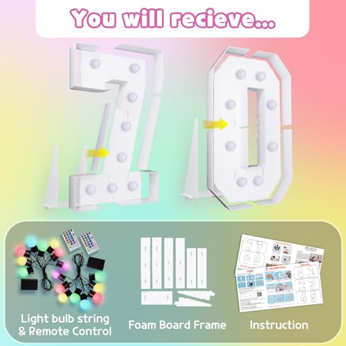 Image of Imprsv Colorful 4FT Marquee Numbers Light up Numbers 70 Birthday Decoration | RGB with Remote, Party Decorations Anniversary Wedding Decorations Assembly Required Foam Board 40 Pcs Accessory Set
