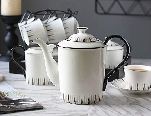 ufengke 15 Piece European Ceramic Tea Sets,Bone China Coffee Set with Metal Holder and Tea Tray,Polish Style Balck Handle