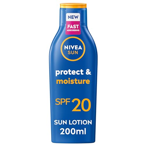 NIVEA SUN Protect & Moisture Sun Lotion SPF 20 (200 ml), Suncream with Vitamin C and Hyaluron, Provides 48 Hour Moisture and Immediate UVA/UVB Protection, Fast-Absorbing, No White Cast Formula