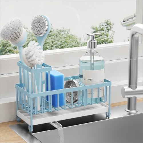 Cisily Sponge Holder for Kitchen Sink, Sink Caddy with High Brush Holder, Organzier Rustproof 304 Stainless Steel Dish Organizer Divider, Soap Dispenser Storage 12