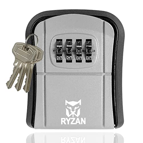 RYZAN Key Safe Box Wall Mounted Outdoor Safe High Security Heavy-Duty 4-Digit Combination Lock Code To Store Keys, Credit Cards, Cash, Jewelry and Airbnb (Grey)