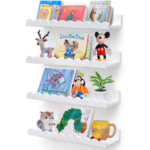 Image of Scalloped Shelves - Set of 4 Pre-Assembled 15.6inch White Floating Nursery Book Shelves, Scalloped Book Shelf for Kids Rooms - Kids Wall Decor, Nursery Decor, Floating Shelves for Wall