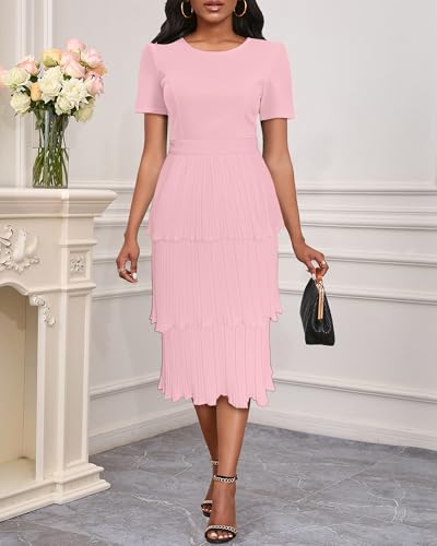 VERWIN Women's Round Neck Short Sleeves Mid Waist Tiered Pleated Pencil Bodycon Casual Cocktail Midi Dress2