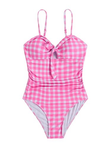 Image of Floerns Girl's Gingham Print Ruched Cut Out Knot Front One Piece Swimsuit