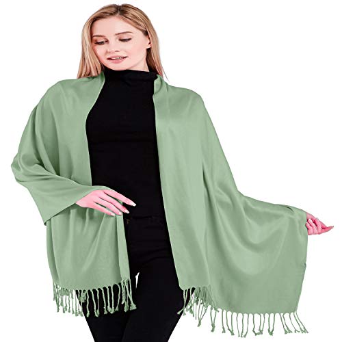 CJ Apparel Laurel Green Sage/Light/Pale/Grey Green Solid Color Tassels Design Nepalese Shawl Wrap Stole Throw Head Wrap Pashmina Hand Made in Nepal New3