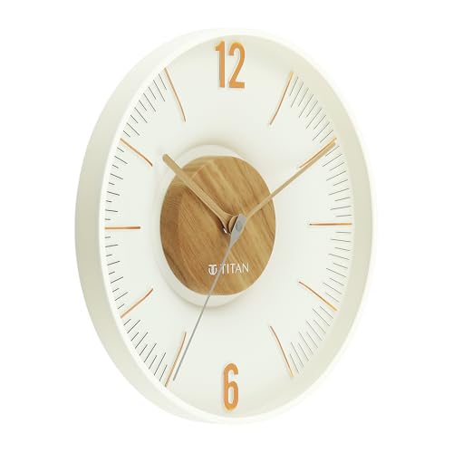 Image of Titan Earth Flare Wall Clock with White Dial & Wood Texture Finish, 3D Raised Indices, Silent Sweep, Model W0093PA01 | 32 cm x 32 cm x 2.7 cm
