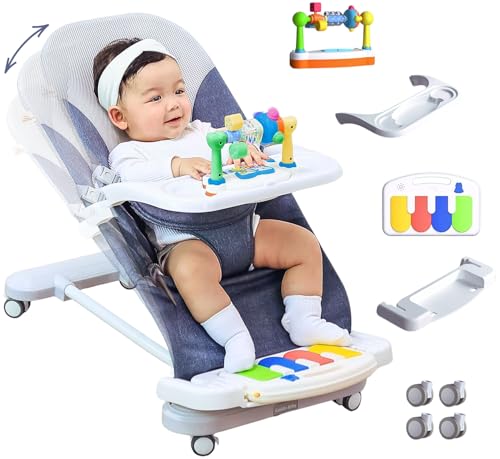 Image of CuddoBaby Baby Bouncer 4-in-1 with Wheels, Detachable Piano, Feeding Tray, Play Bar, Thick Base. 3-Level Incline Portable Seat for Infant to Toddler 0-6, 0-12, 12-24 Months, Upto 29Lbs - Blue
