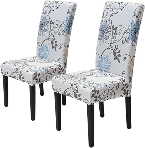 Image of Styleys Chair Covers for Dining Room, Stretch Dining Chair Cover, Washable Spandex Kitchen Chair Slipcovers (Set of 2, Sky Blue /Golden Flower, SD3215)