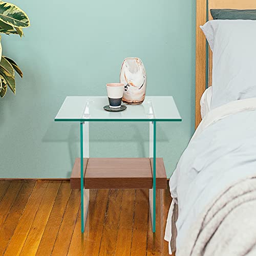Ivinta Modern Glass End Table, Small Side Table For Living Room, Narrow Accent Table For Small Spaces, Clear Couch Sofa Table With Wood Storage Shelf, Night Table Stand For Bedroom (Clear) #TOP1