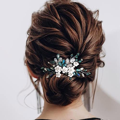 Campsis Wedding Hair Comb Silver Flower Crystal Green Bead Bridal Hair Clips Accessories For Brides And Bridesmaid #TOP4