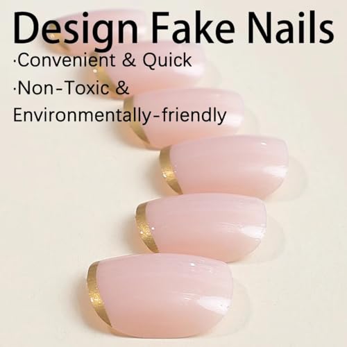 Image of Gold French Tip Press on Nails Short Fake Nails with Design Square Acrylic Glue on Nails Glossy Full Cover Nude Stick on Nail Reusable Artificial Squoval False Nail for Women Girls Manicure 24pcs
