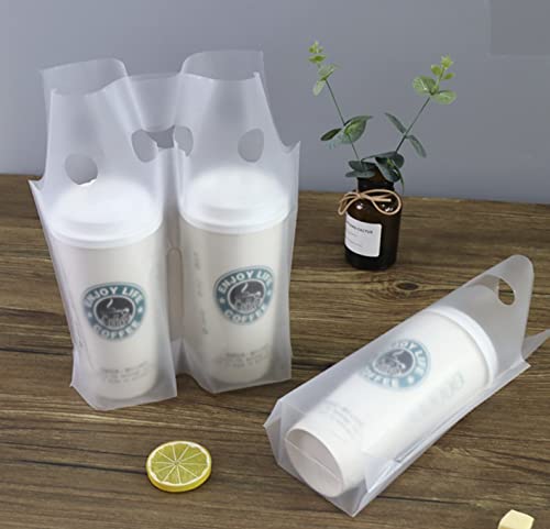 100 Pcs Handle Drinking Poly Bags, Clear Plastic Packaging Bags For Food Delivery, 12" X 11" Hold Up To 32Oz Cups, Hanging Hole Cup Carrier With Handle For Take Out, Beverage #TOP6