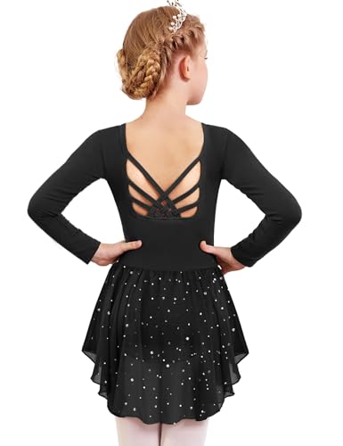 Image of Arshiner Girls Long Sleeve Ballet Leotards with Shinny Skirts Criss-Cross Back Dance Dresses