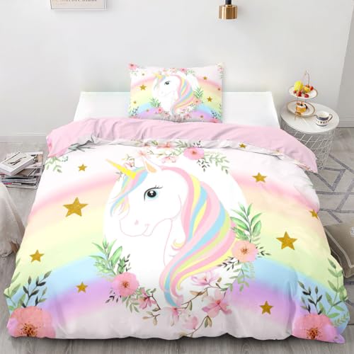 Decalsweet Unicorn Duvet Cover Set for Girls,Rainbow Pink Flower Bedding Set for Kids Children,Soft Breathable Quilt Cover with Pillowcase,Single,2 pcs