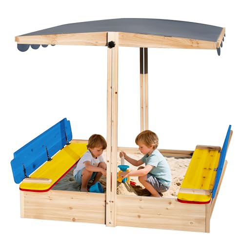 RUNSHED 48x48 Large Wooden Sandbox with Locking Lid & Adjustable Canopy Cover - Outdoor Sand Box for Kids Ages 4-8, Foldable Bench Seats, UV-Resistant Roof, Easy-Drain Bottom Liner