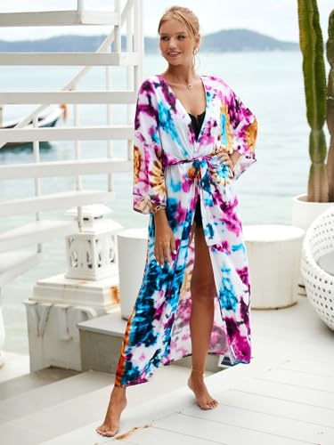 Image of Women's Kimono Cover Up Long Beach Dress Swimsuit Cover Ups Colorful Cardigan Lightweight Robe for Swimwear