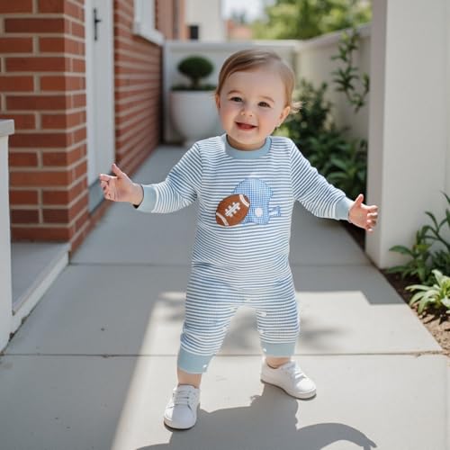 Karuedoo Newborn Baby Boy Girl Football Outfit Rugby Embroidery Stripe Romper Waffle Knit Long Sleeve Jumpsuit Fall Clothes4