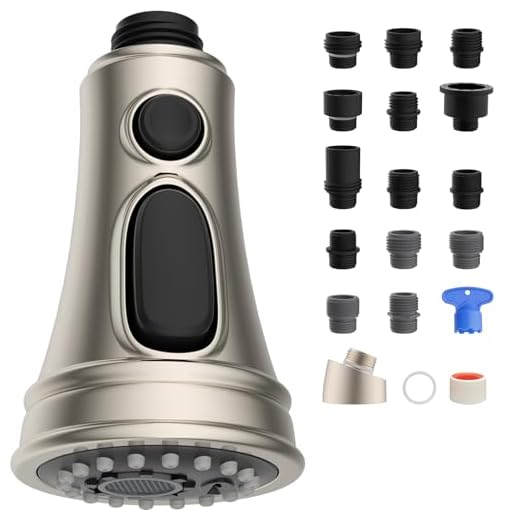 Hibbent Kitchen Faucet Head Replacement, Pull Down Faucet Spray Head, 3 Function Faucet Sprayer Nozzle with 9 Adapters Compatible with Moen, American Standard, Delta, Kohler Faucets, Brushed Nickel