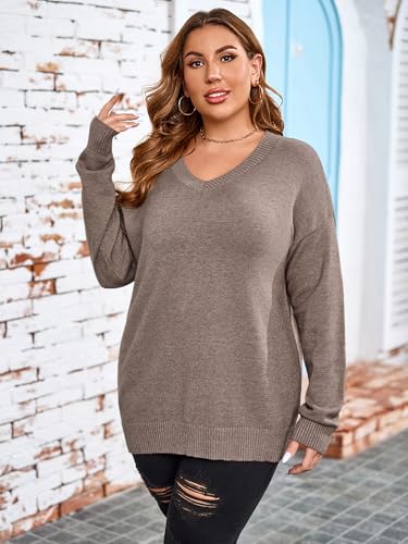 Women Plus Size Sweaters Cable Knit Long Sleeve V Neck Sweaters Tops Casual Soft Loose Fit Pullover Sweater 1XL-5XL4