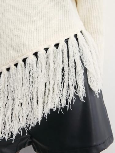 Image of SweatyRocks Women's Long Sleeves Sweater Crew Neck Solid Color Fringe Hem Knitted Pullovers Tops Apricot M