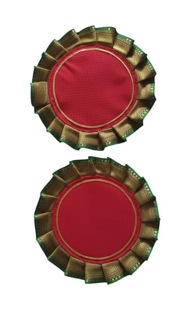 Khan Fabric Samai Āsan (Set of 2) | 9-Inch Round Pooja Mat with Frilled Lace | Washable & Durable | Elegant Traditional Design for Mandir, Diya, Pooja Thali & Home Decor-image-15