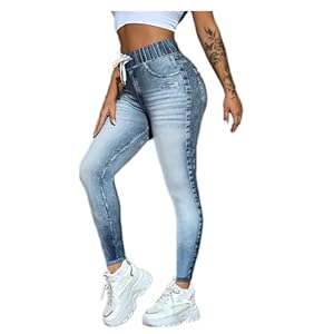 Gellmall Jeansoptik Leggings für Damen High Waist Jeggings Elastic Jeans Frauen Lange Skinny Hosen Treggings Yogahose Fitnesshose M