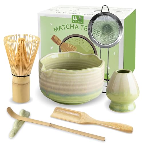 JBER Matcha Set, Matcha Besen Set 7 Pcs - Bambus Matcha Whisk, Matcha Schale mit Auslauf, Matcha Besen Halter, Sieb, Löffel, Japanisches Matcha Kit für Matcha-Liebhaber, Farbverlauf Gelb-Grün
