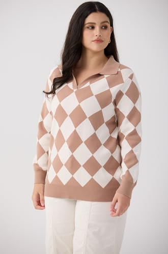 Image of CARCOS Plus Size Sweaters for Women Long Sleeve Pullover Sweaters Lapel Collared Vneck Knit Jumper Tops Fall Winter XL-5XL