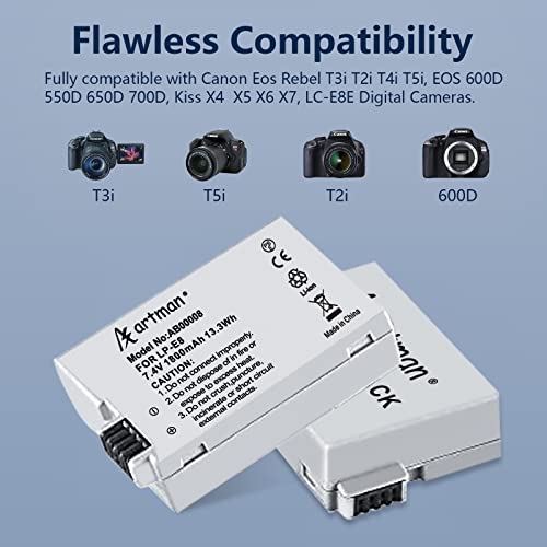 Artman Lp-E8 Battery And Rapid Dual Usb Charger Kit For Fully Compatible With Canon Eos Rebel T3I T2I T4I T5I, Eos 600D 550D 650D 700D, Kiss X4 X5 X6 X7, Lc-E8E Digital Cameras(2-Pack 1800Mah) #TOP1