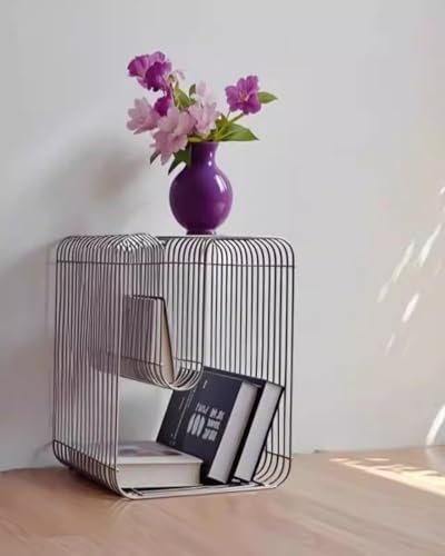 AMWAMW N-Shape Stainless Steel Side Table Metal End Table with Magazine Rack Space-Saving Silver Nightstand for Small Spaces Chrome Side Table with Storage Shelf for Living Room Bedroom Office