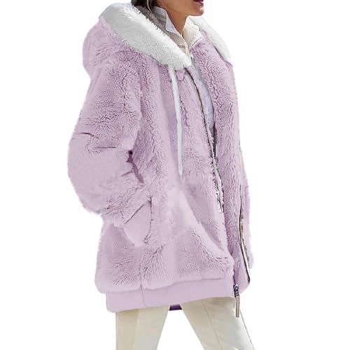 Fuzzy Fleece Jackets for Women Plus Size Hoodies Fall Winter Coats Color Block Patchwork Cardigan Coat with Pockets