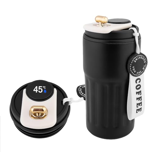 GENDLTHIJ Portable Coffee Mug, Stainless Coffee Tumbler With Temperature Display, Smart insulated coffee mug with lid fot Summer Cold Storage Car (Black)