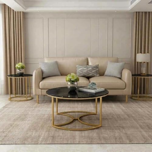 Image of 3 Piece Living Room Set - 1 Center Table and 2 End Nesting Tables, Round Stacking Coffee Side for Small Space, Nightstand Bedside Black and Golden