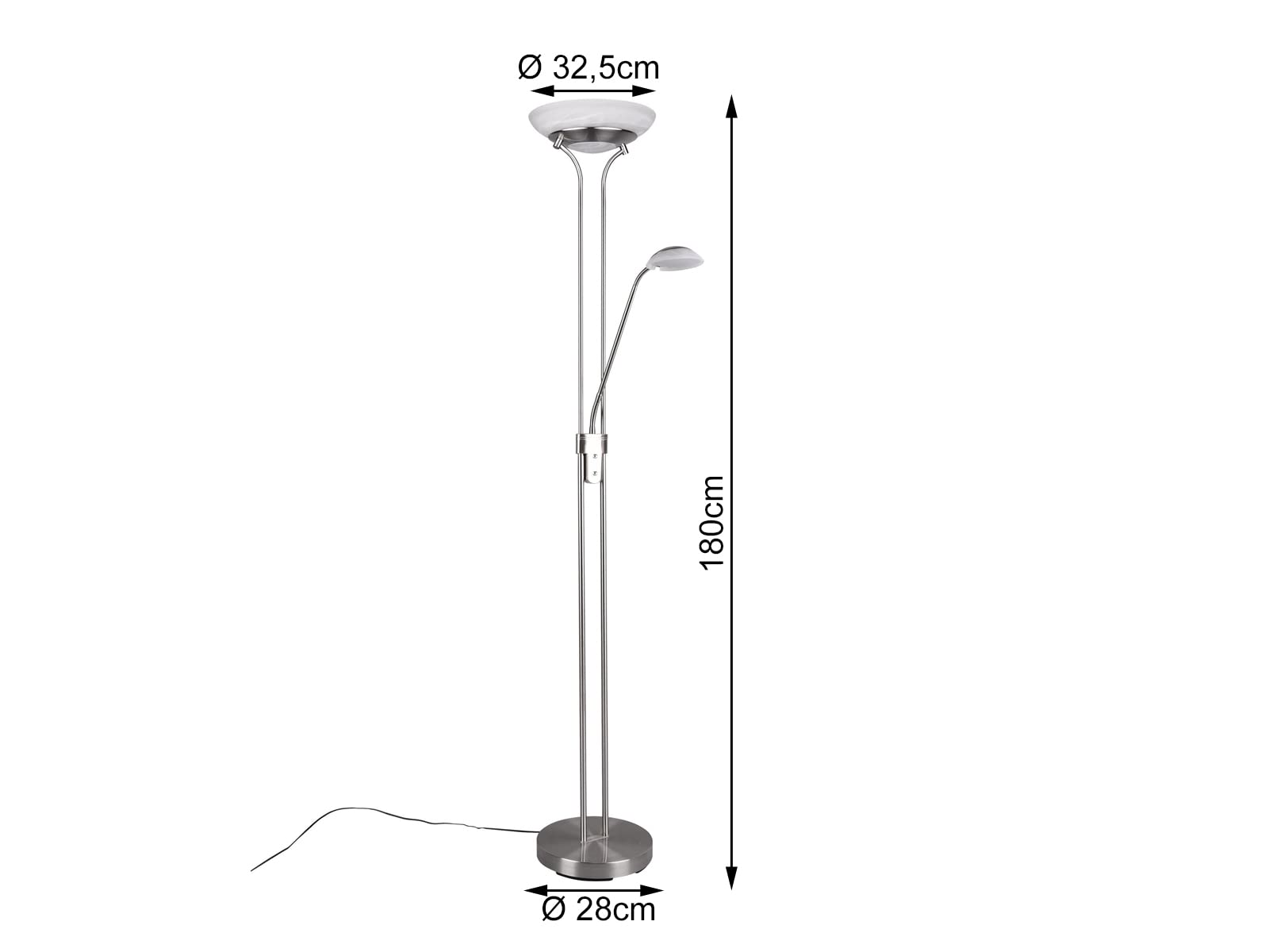 Reality Leuchten LED Stehleuchte Orson R40073507, Metall Nickel matt, Glas alabasterfarbig weiß, inkl. 27 Watt + 4.5 Watt, Dimmer |