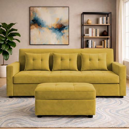 Image of Emilio 3 Seater with Ottomon Pull-Out Sofa Cum Bed (Yellow Color) Premium Fabric Sofa Set for Living Room | Bedroom