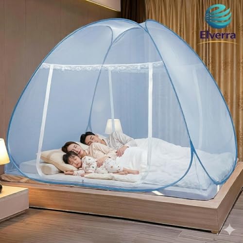 Image of Premium Mosquito Net for King Size Double Bed (6X 6 Feet), Easy Foldable Machardani with Corrosion Resistant PVC Coated Steel Frame, 30GSM 50 Denier Mesh (Full Light Blue)