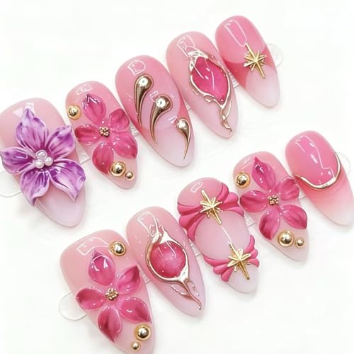 24Pcs Flower Press on Nails Medium Almond Fake Nails with Gold Beads Star Designs Full Cover Pink Acrylic Nails 3D Floral False Nail Set Pink Purple Floral Stick on Nails for Women Nail Supplies