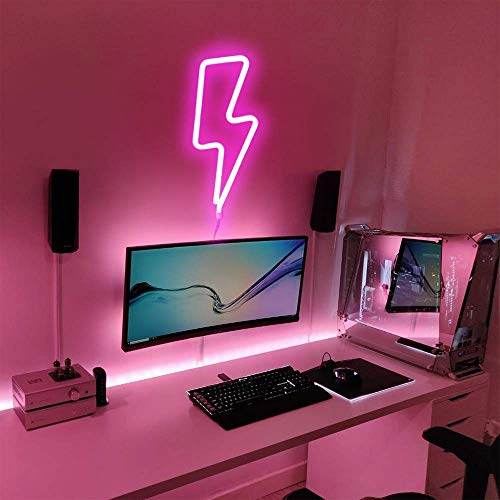 Image of YouOKLight Lightning Bolt Neon Sign Lights, LED Wall Light Night Lights, Battery or USB Powered Neon Lights for Wall Decor, Bedroom, Kids Room, Living Room, Bar, Party, Christmas, Wedding (Pink)