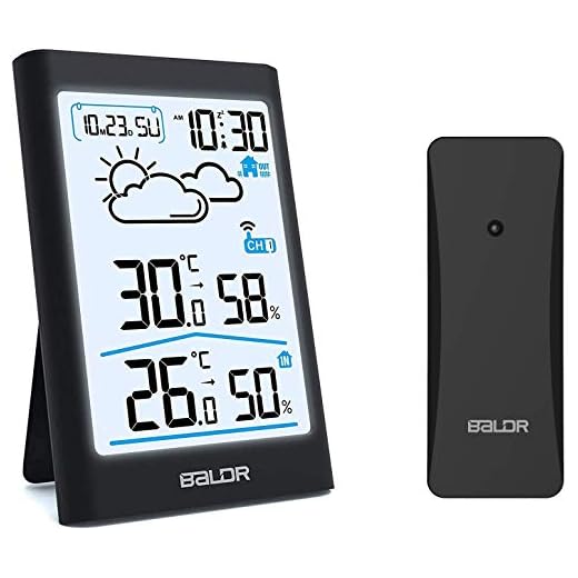 BALDR Wireless Weather Station, Digital Indoor Outdoor Thermometer Hygrometer with Backlight LCD Display, External Sensor and Alarm Clock, Ideal for Weather Forecast Monitoring (Black)