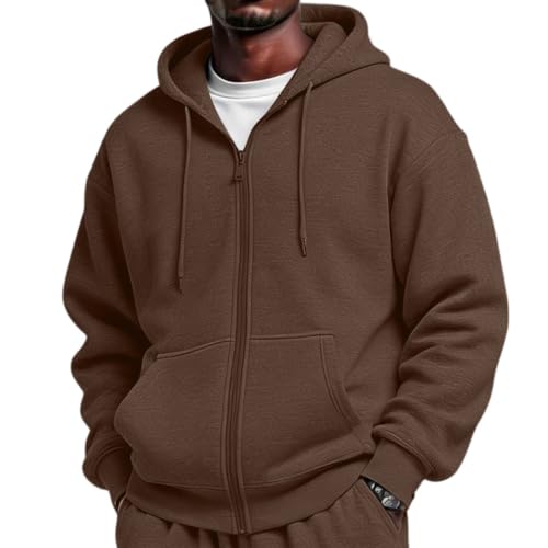 Image of Zipped Hoodies for Men UK Long Sleeve with Ajastable Drawstring and Kangaroo Pockets Casual Sweatshirts for Autumn Winter Daily Wear A04 Brown XL