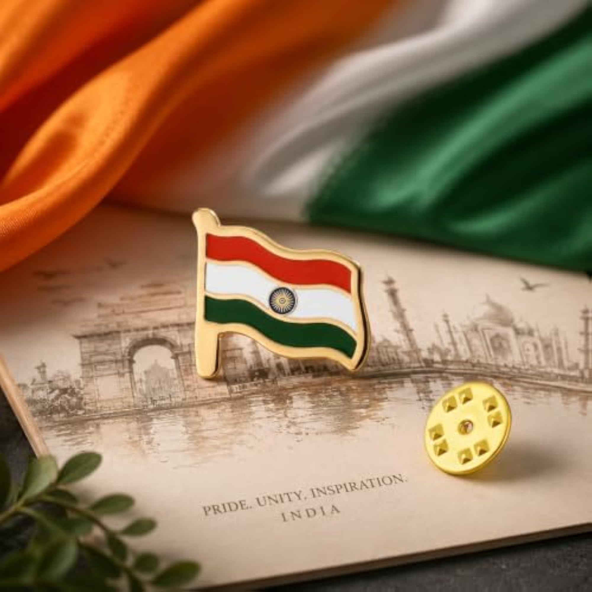 Indian Flag Brooch Pin, Gold Finish Enamel Design