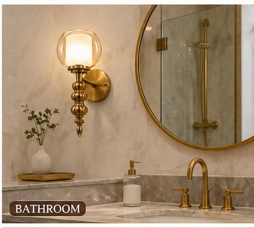 Image of Modern Brass Wall Light with Golden and White Double Glass Shade, Golden Finish, Vintage Wall Sconce Ideal for Bedroom, Living Room, Hallway, Home Decor with Tri-Colour Bulb