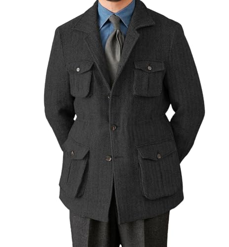 Men's Vintage Herringbone Tweed Blazer Classic Sport Coats Three Button Wool Blend Formal Coat with Four Pockets for Men