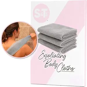 S&T INC. Back Scrubber for Shower, Exfoliating Body Scrubber or Bath Exfoliating Towel for Skin Care, 11.8 Inches x 35.4 Inches, Grey, 3 Pack