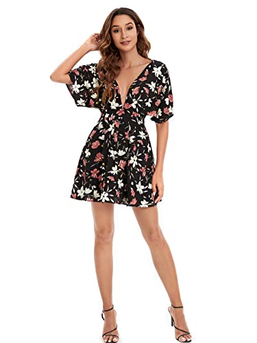 Image of Floerns Women's Tropical Floral Plunging V Neck Tie Open Back Summer Short Dress
